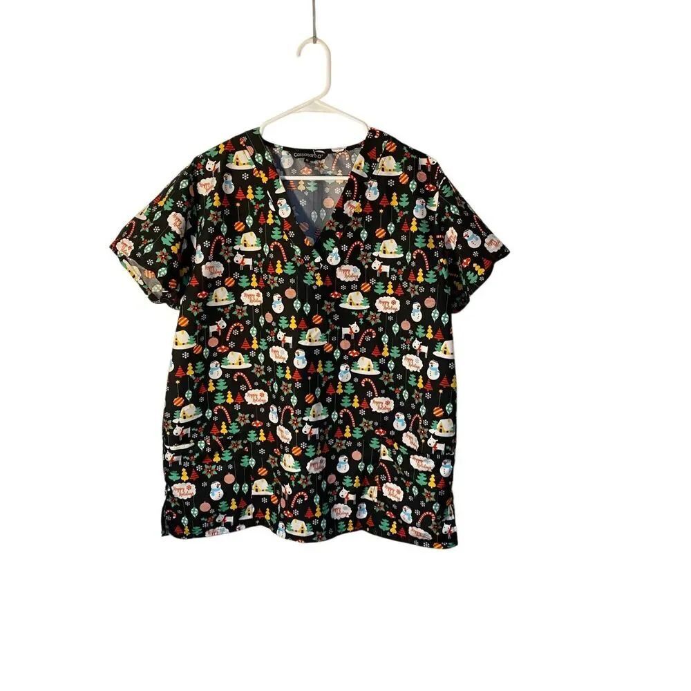 Cassandra O women’s holiday winter mix print scrub top XL